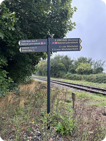 A sign in front of a railway track