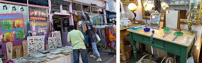 View of the front of a shop, and a close-up of a table of items for sale inside the shop