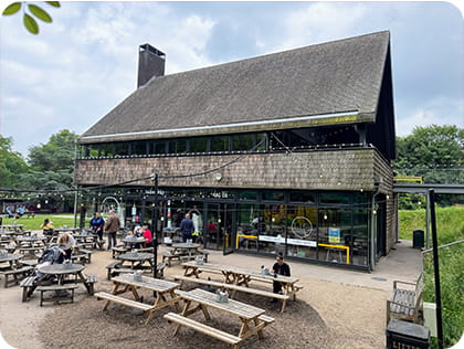People sitting at outdoor dining areas at Crystal Palace Cafe