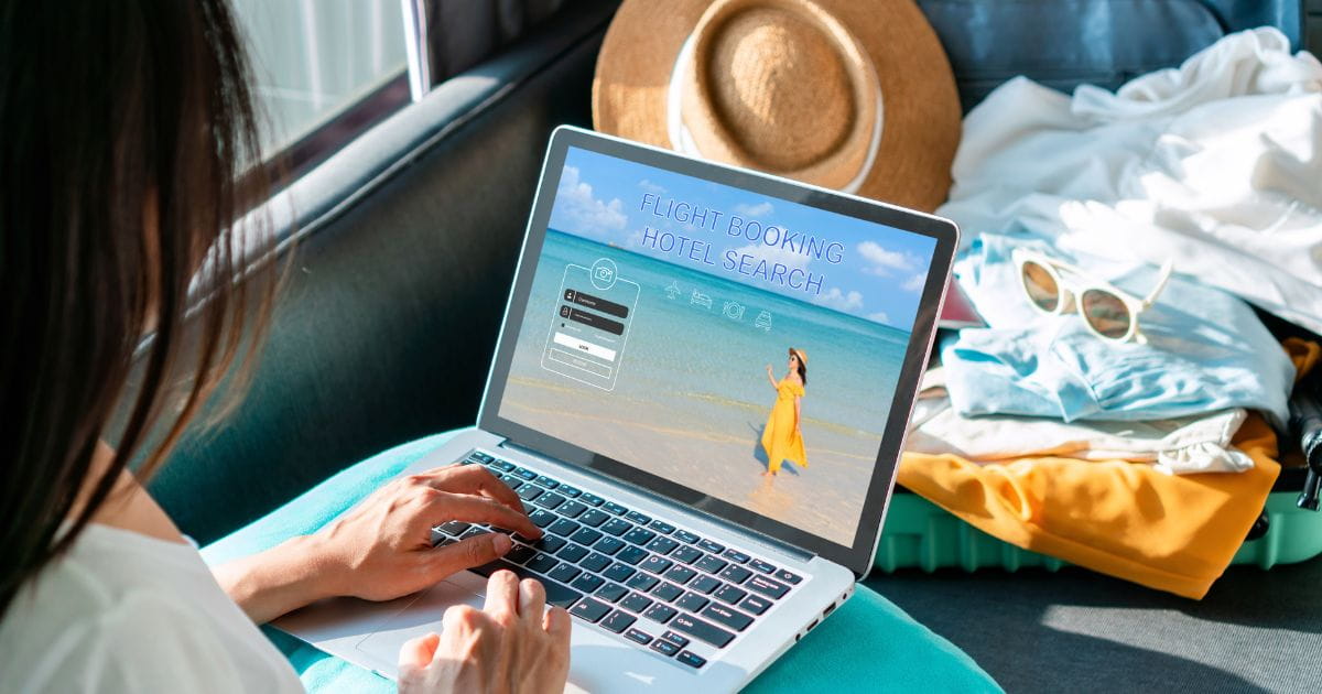Woman using a price comparison website for flights and hotels