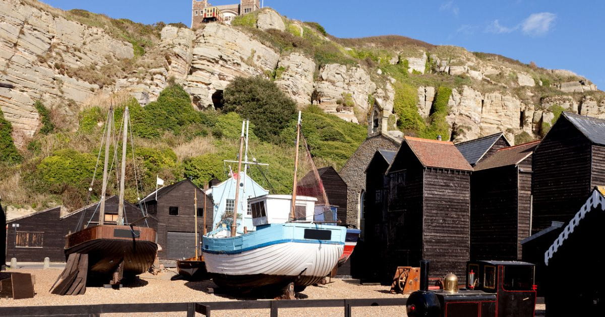 Fishing boats on Hastings working beach near The Stade