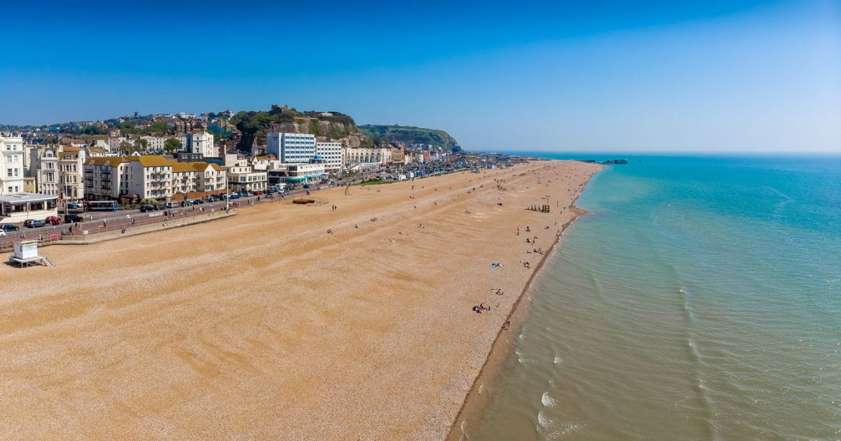 Hastings beach pebble shoreline and coastal scenery