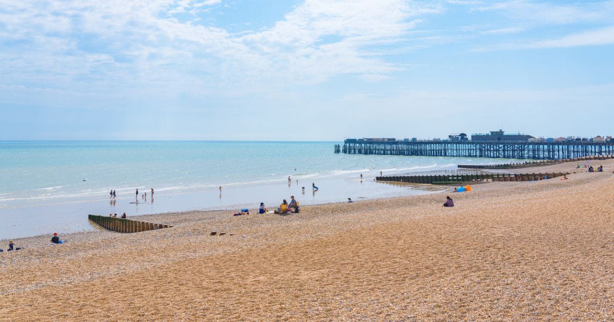 Hastings seafront view with pier and coastline in East Sussex