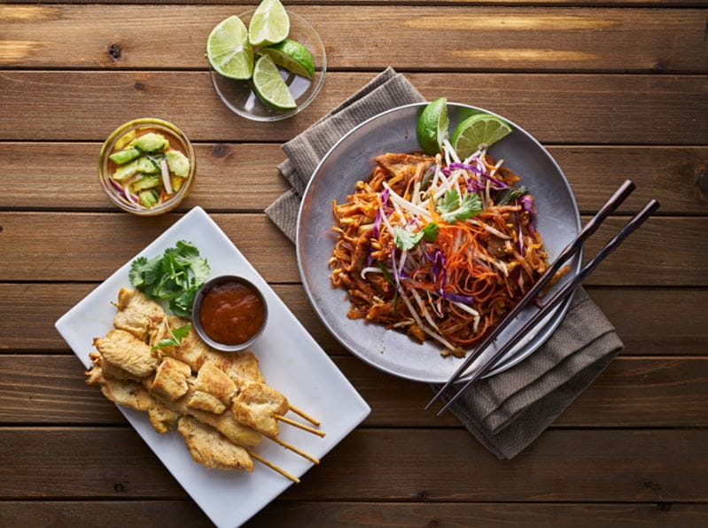 a plate of food sitting on top of a wooden table