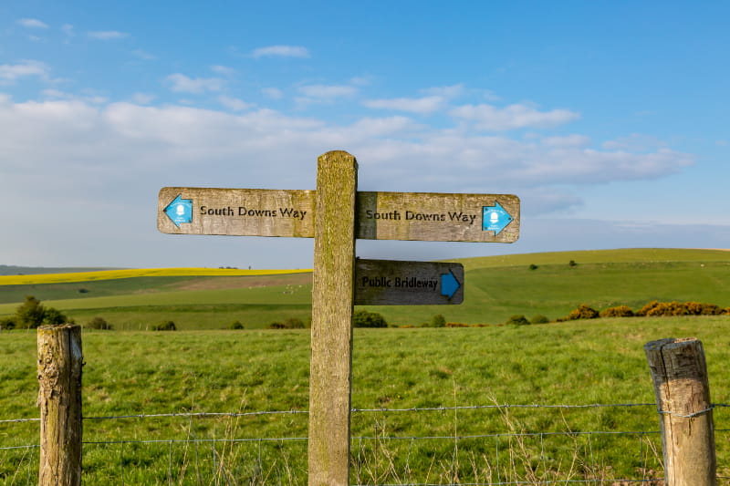 a sign on a wooden post in a field