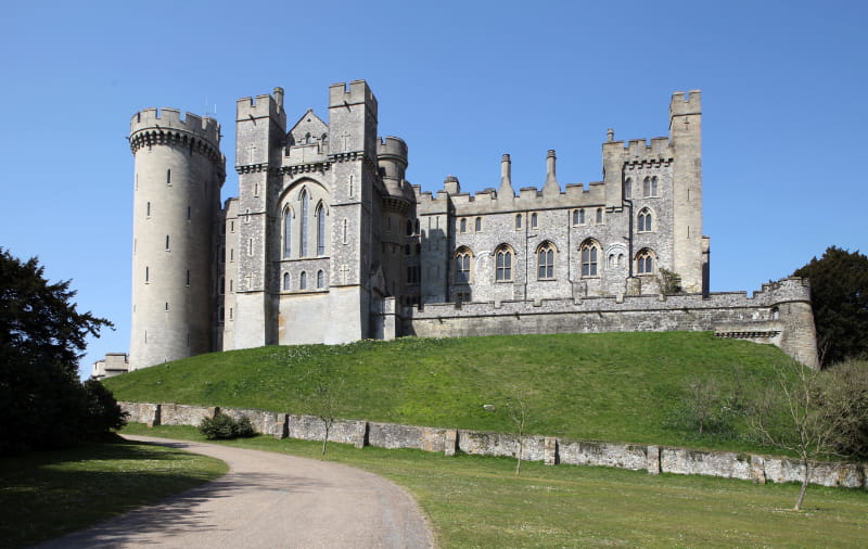 a grass covered field with Arundel Castle in the background