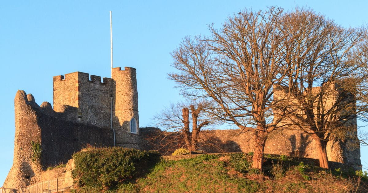 A photograph of Lewes castle in Sussex, UK, with blue sky behind it