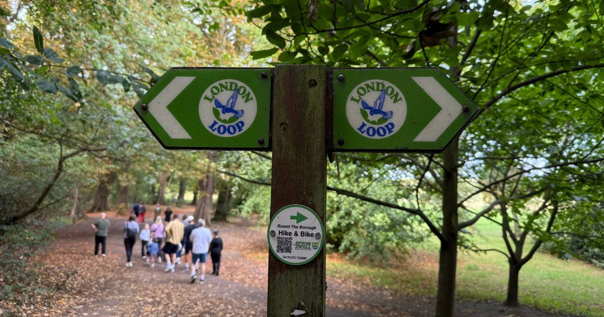 Families walking London Loop waymark woodland trail