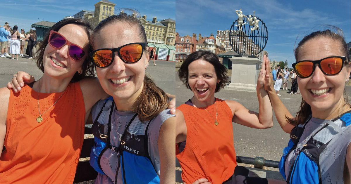 Two friends at the end of a Sussex coastal run on Hove Promenade