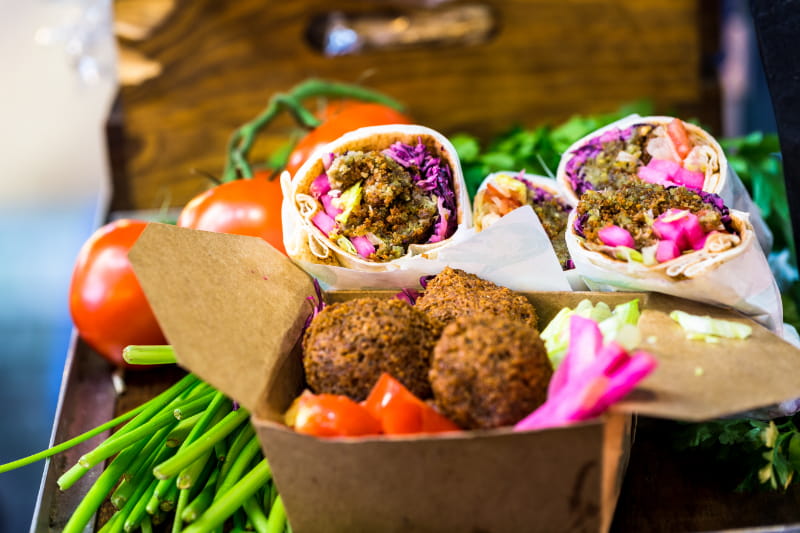 a close up of many different types of food